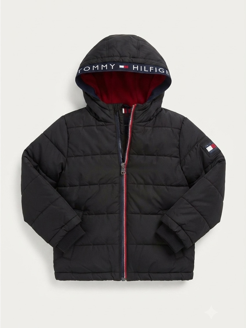 Tommy Hilfiger Boys Black Puffer Jacket Size 5 Fleece Lined Hooded Coat